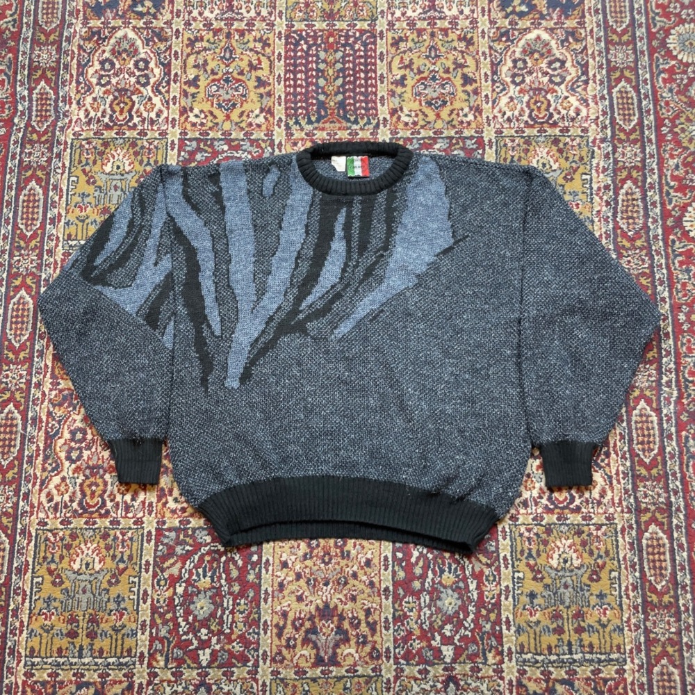 VTG 80s 90s Colore ITALIAN KNIT SWEATER MENS XL ABSTRACT Swirl‎ Gray Black Navy